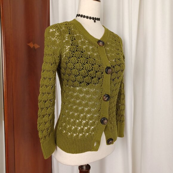 Vintage 100% Cotton Pointelle Knit Cardigan, Olive Green, XS/S - Picture 3 of 8